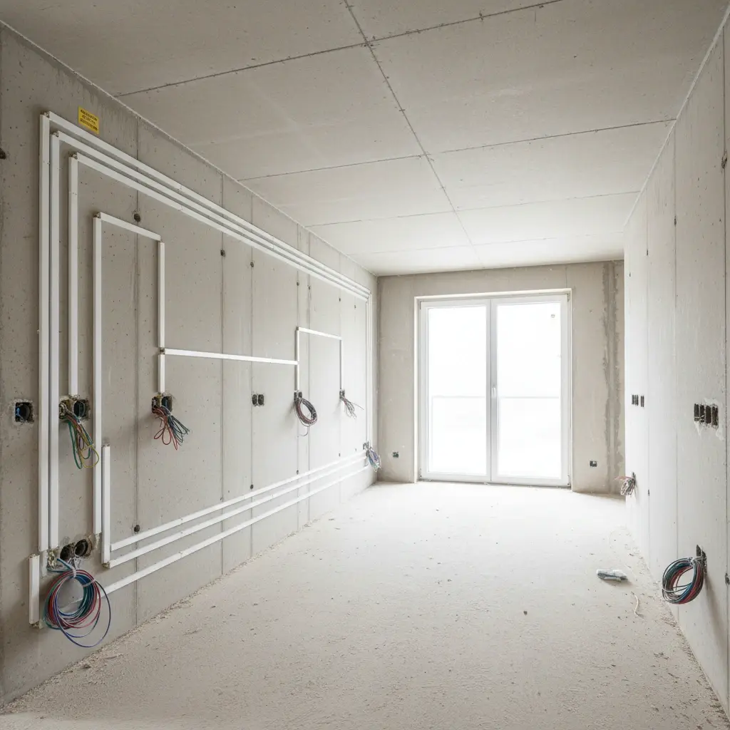 Elektroinstallation im Rohbau: Kabel und Leerrohre an der Betonwand vor dem Verputzen.